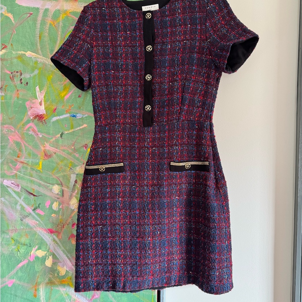 Sandro Women's Tweed Short Sleeve Shift Dress - Burgundy Multicolor